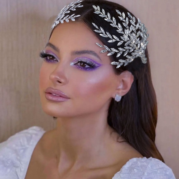 NEW TWO peices set Sparkly Crystal Flower Bridal Headpiece headband Veil Comb - Picture 5 of 7